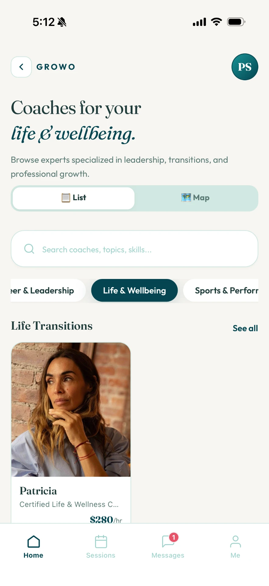 Browsing verified coaches in the Growo app