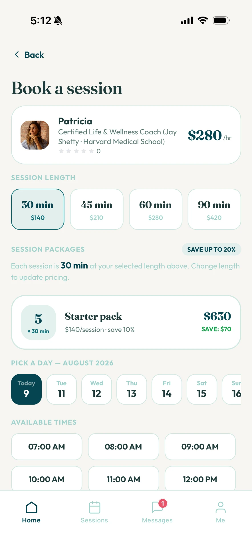 Booking a session in the Growo app
